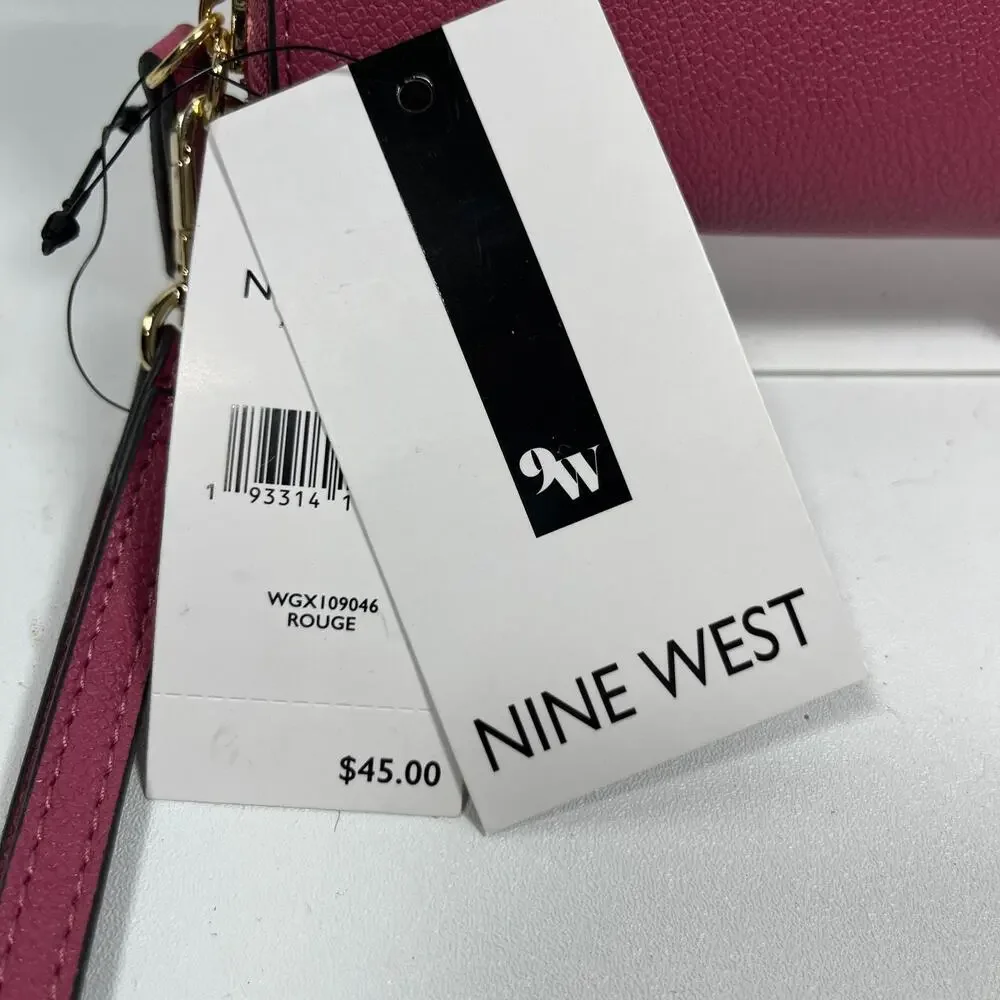 NINE WEST Wallet Accordion Zip Around Leather Card Coin Purse Rouge Pink NEW
